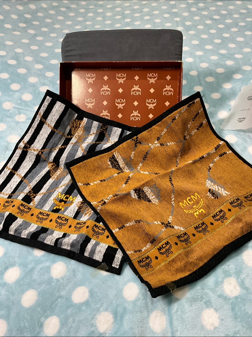 MCM Hand Towels Set  Gold & Black Logo Square Duo - Picture 3 of 4